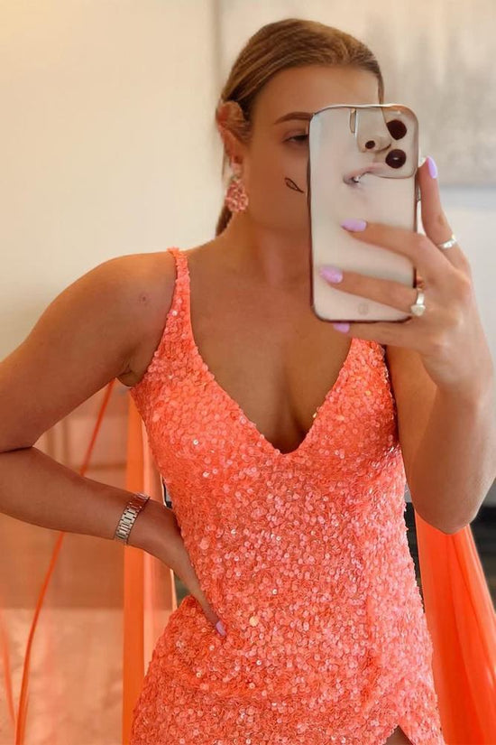 Orange V-Neck Spaghetti Straps Sequins Prom Dress With High Slit