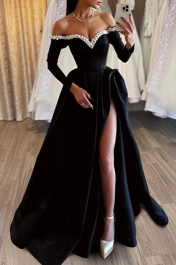 Pearl Off-Shoulder Long Sleeves Empire With High Slit Prom Dress