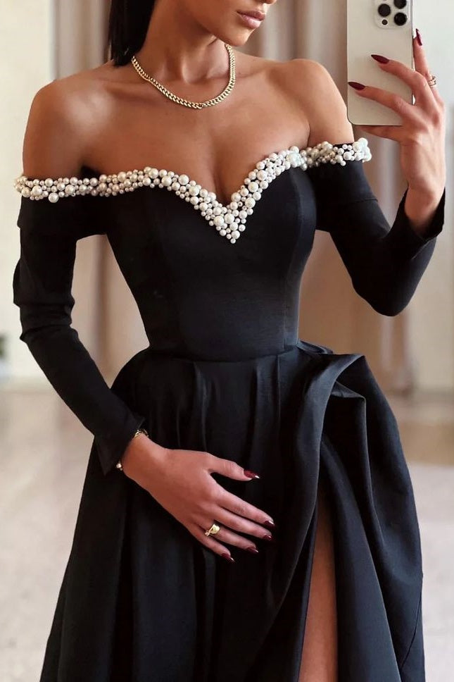 Pearl Off-Shoulder Long Sleeves Empire With High Slit Prom Dress