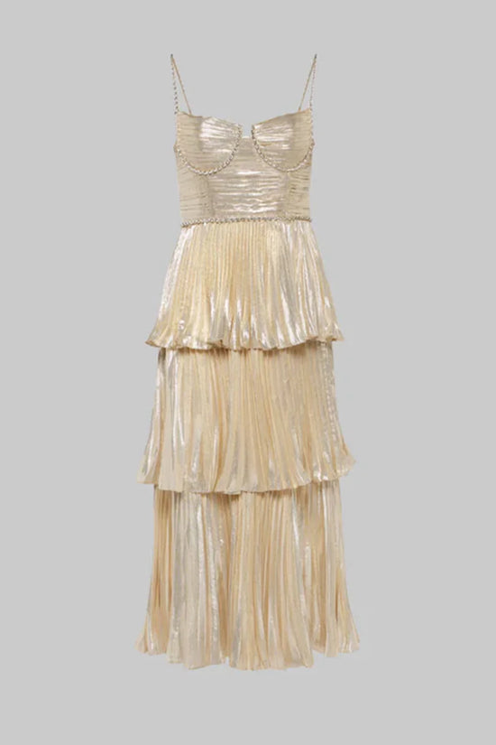 Pearl Spaghetti Straps A-Line Pleated Tiered Party Prom Dress