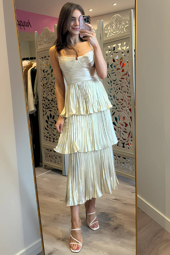 Pearl Spaghetti Straps A-Line Pleated Tiered Party Prom Dress