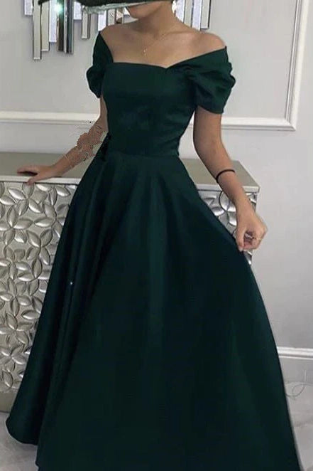 Pine Off-Shoulder Satin A-Line Party Prom Dress