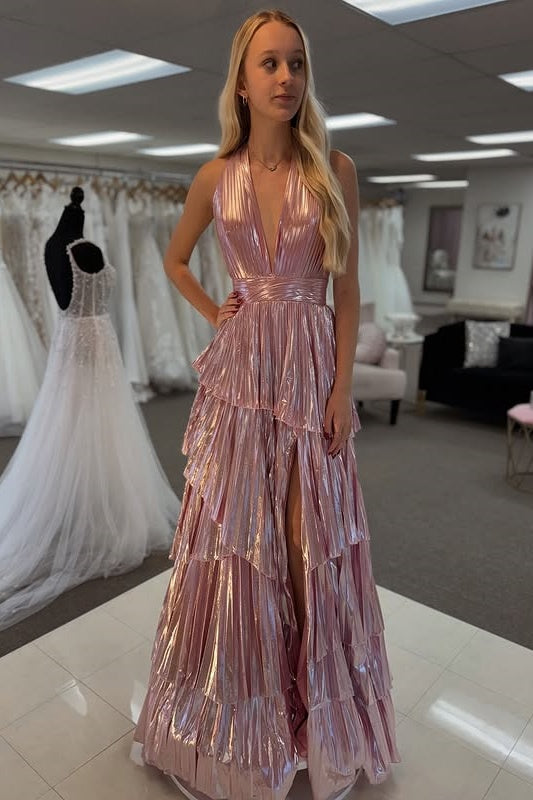 empire line formal dress Pink A-Line Empire V-Neck Halter Tiered Party Prom Dress – Movousdress