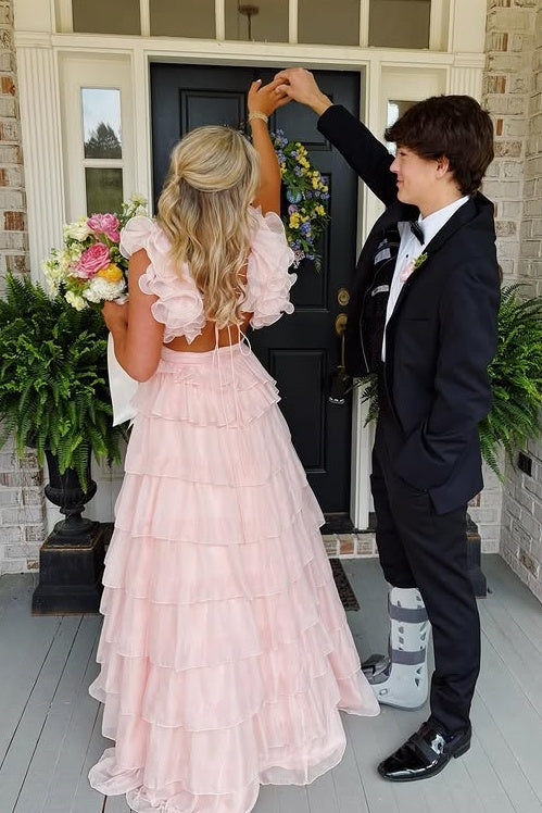 Pink Chiffon A-Line Empire Ruffled Straps Tiered Party Prom Dress
