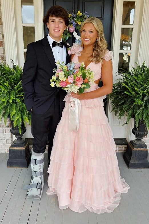 Pink Chiffon A-Line Empire Ruffled Straps Tiered Party Prom Dress