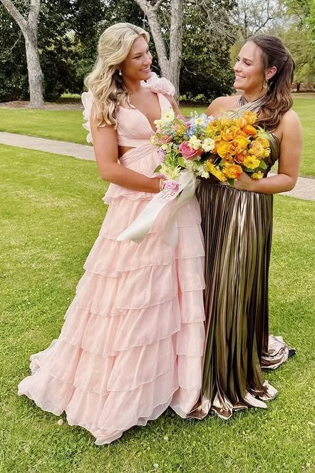 Pink Chiffon A-Line Empire Ruffled Straps Tiered Party Prom Dress