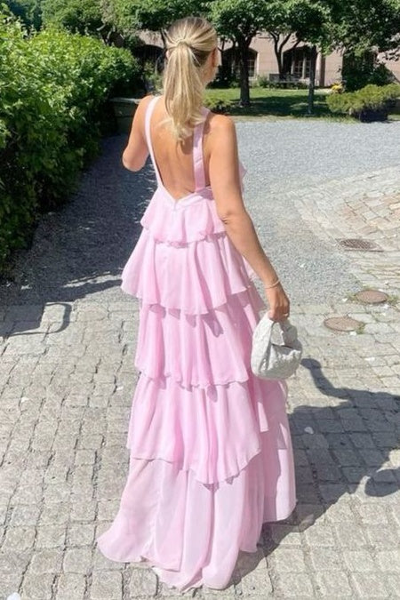 Pink High Neck Sleeveless Chiffon Tiered A-Line Party Dress