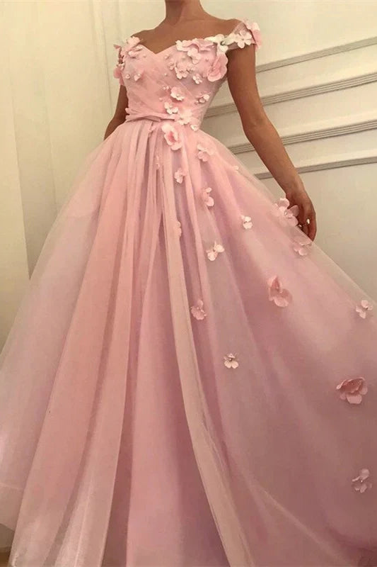 Pink Off-Shoulder Tulle A-Line 3D Florals Prom Dress