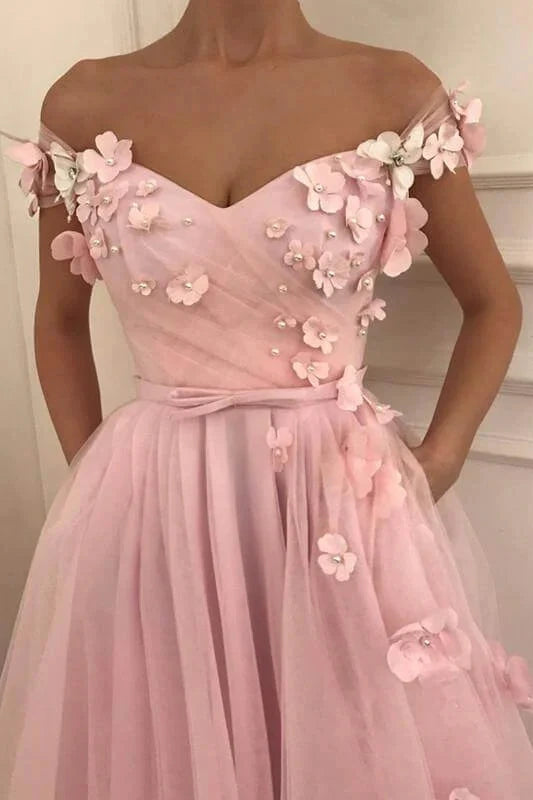 Pink Off-Shoulder Tulle A-Line 3D Florals Prom Dress