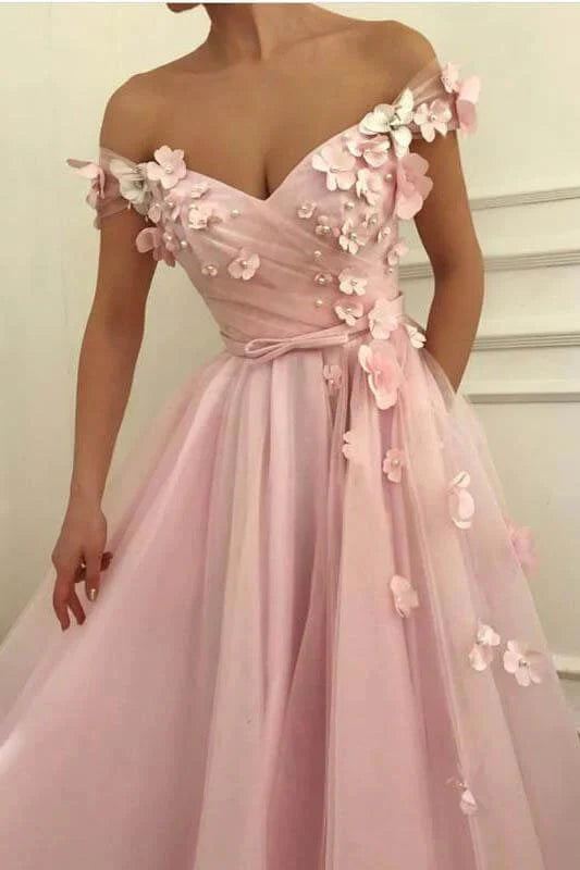 Pink Off-Shoulder Tulle A-Line 3D Florals Prom Dress