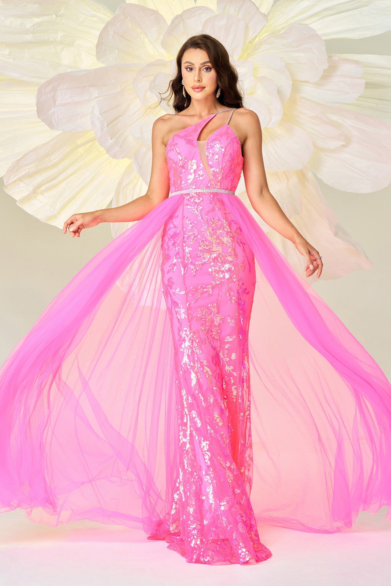 Pink One Shoulder Mermaid Sparkly Party Evening Dress