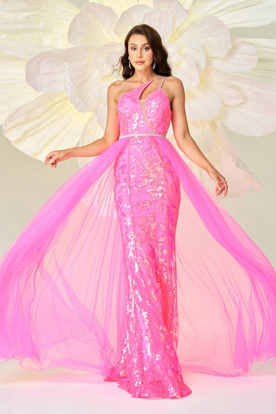 Pink One Shoulder Mermaid Sparkly Party Evening Dress