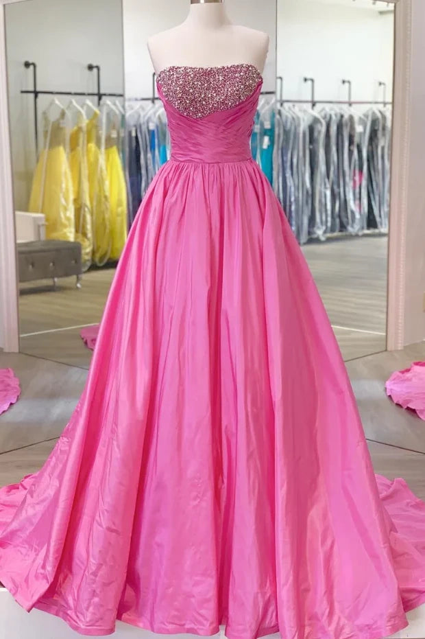 Pink Satin A-Line Strapless Pearls Prom Party Dress