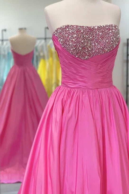 Pink Satin A-Line Strapless Pearls Prom Party Dress