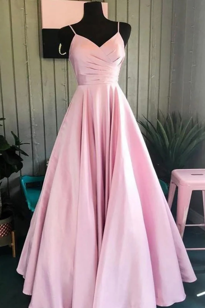 Pink Satin A-Line V-Neck Sleeveless Party Prom Dress