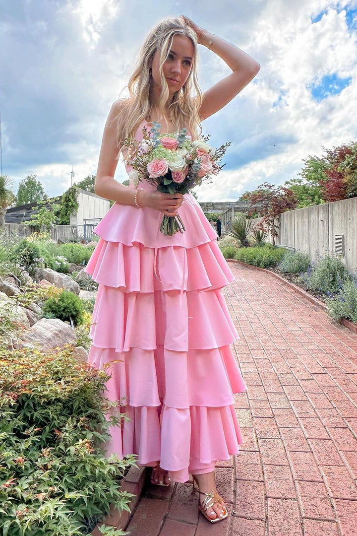 Pink Satin A-Line V-Neck Sleeveless Tiered Party Prom Dress