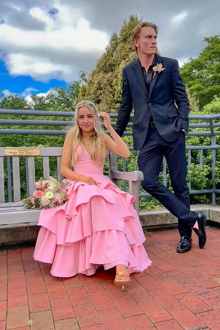 Pink Satin A-Line V-Neck Sleeveless Tiered Party Prom Dress