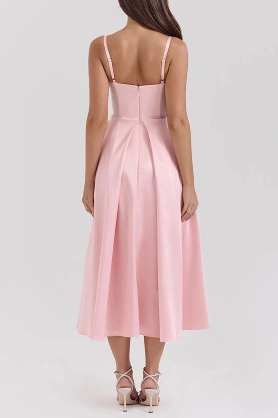 Pink Satin A-Line V-Neck Spaghetti Straps Party Dress