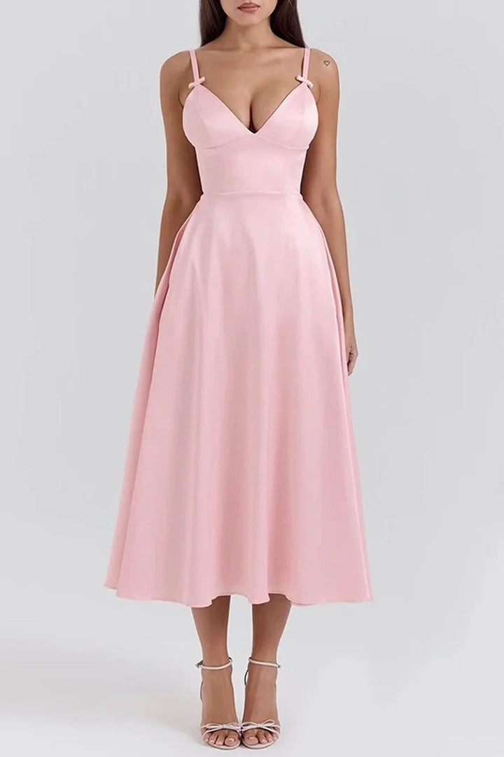 Pink Satin A-Line V-Neck Spaghetti Straps Party Dress