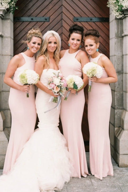 Sexy Pink Satin Fitted Round Sleeveless Bridesmaid Dress