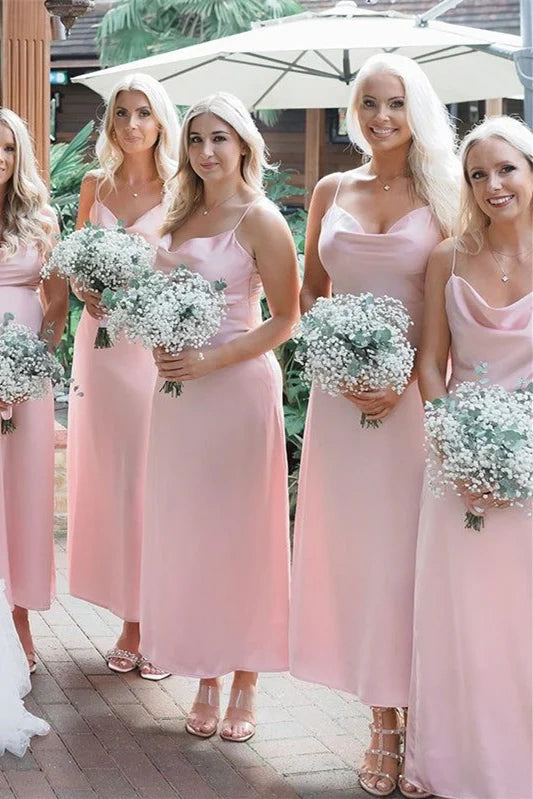 Pink Satin Fitted Spaghetti Straps Long Bridesmaid Dress