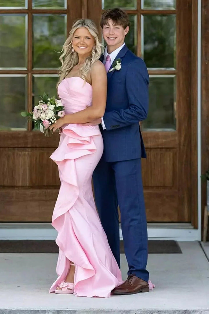 Pink Satin Mermaid Strapless Ruffle Party Prom Dress With Slit