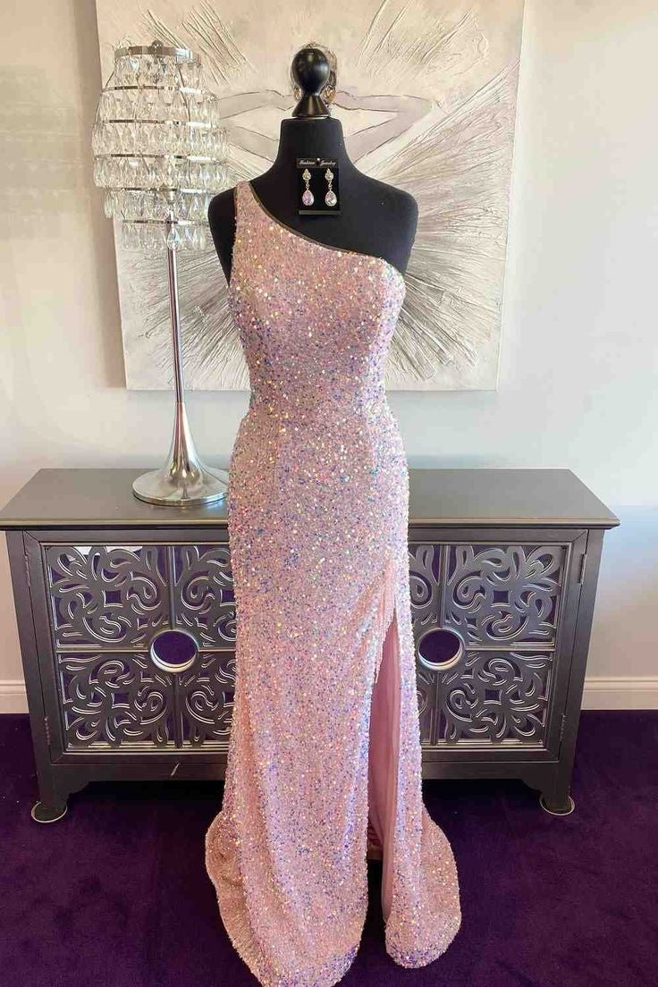 Pink Sequins One Shoulder Sleeveless Prom Dress With Side Slit