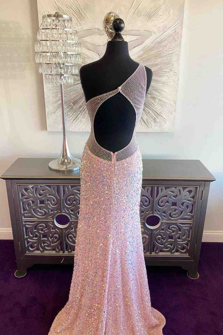 Pink Sequins One Shoulder Sleeveless Prom Dress With Side Slit