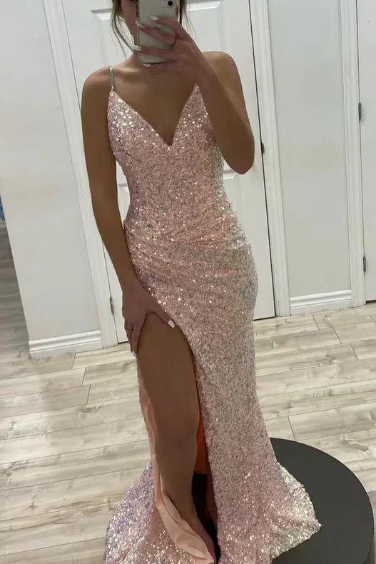 Pink Sequins V-Neck Spaghetti Straps Prom Dress With Side Slit