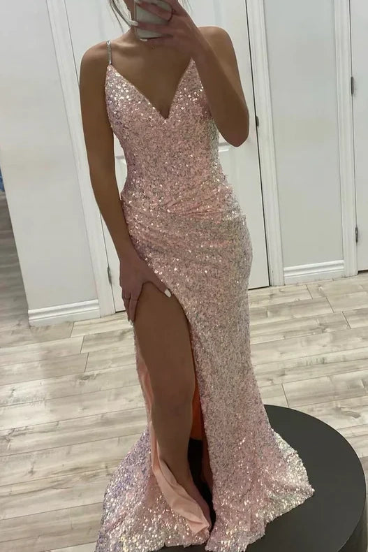 Pink Sequins V-Neck Spaghetti Straps Prom Dress With Side Slit