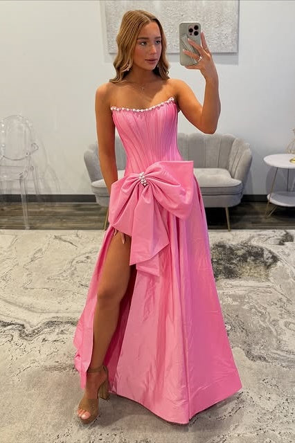 Pink Strapless A-Line Satin Party Prom Dress With Bow 