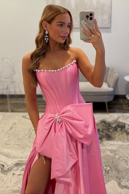 Pink Strapless A-Line Satin Party Prom Dress With Bow 