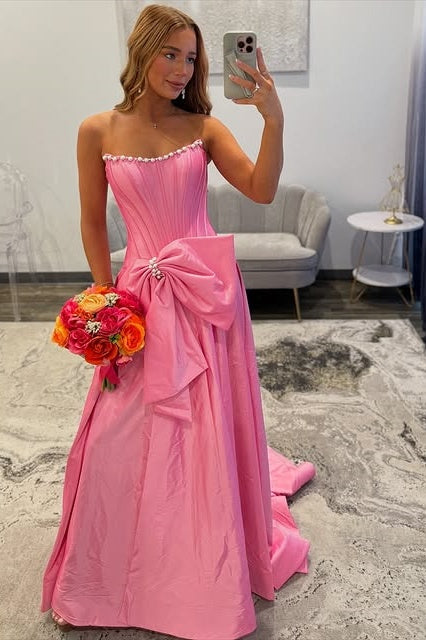 Pink Strapless A-Line Satin Party Prom Dress With Bow 