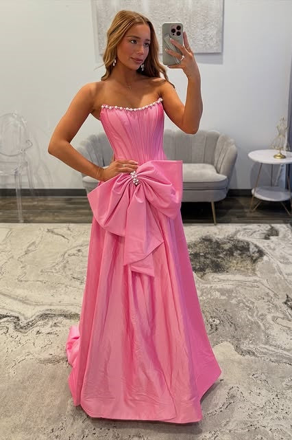 Pink Strapless A-Line Satin Party Prom Dress With Bow 