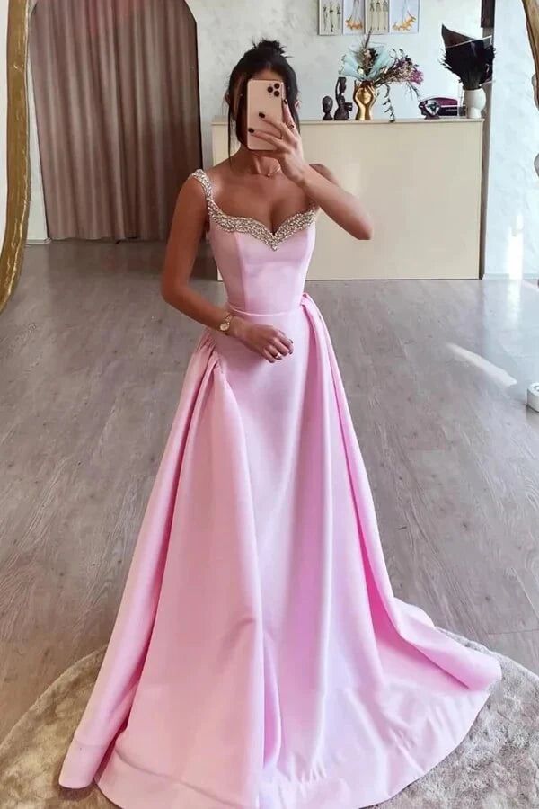 Pink Sweetheart Sleeveless Beaded A-Line Party Prom Dress