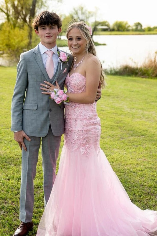 Pink Tulle A-Line Lace Appliques Sweetheart Strapless Party Prom Dress