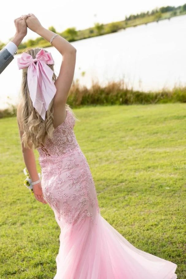 Pink Tulle A-Line Lace Appliques Sweetheart Strapless Party Prom Dress