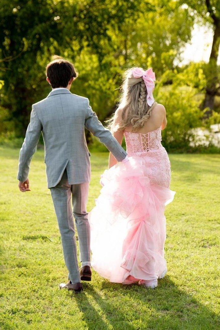 Pink Tulle A-Line Lace Appliques Sweetheart Strapless Party Prom Dress