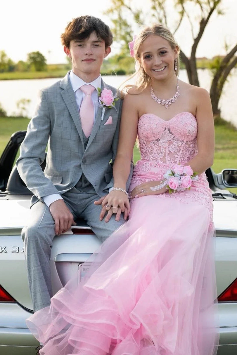 Pink Tulle A-Line Lace Appliques Sweetheart Strapless Party Prom Dress