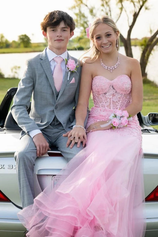 Pink Tulle A-Line Lace Appliques Sweetheart Strapless Party Prom Dress