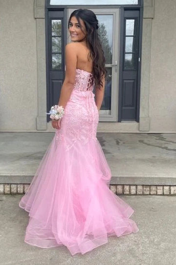 Pink Tulle A-Line Lace Appliques Sweetheart Strapless Party Prom Dress