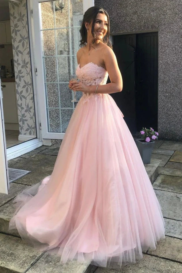 Pink Tulle A-Line Strapless Appliques Princess Prom Dress