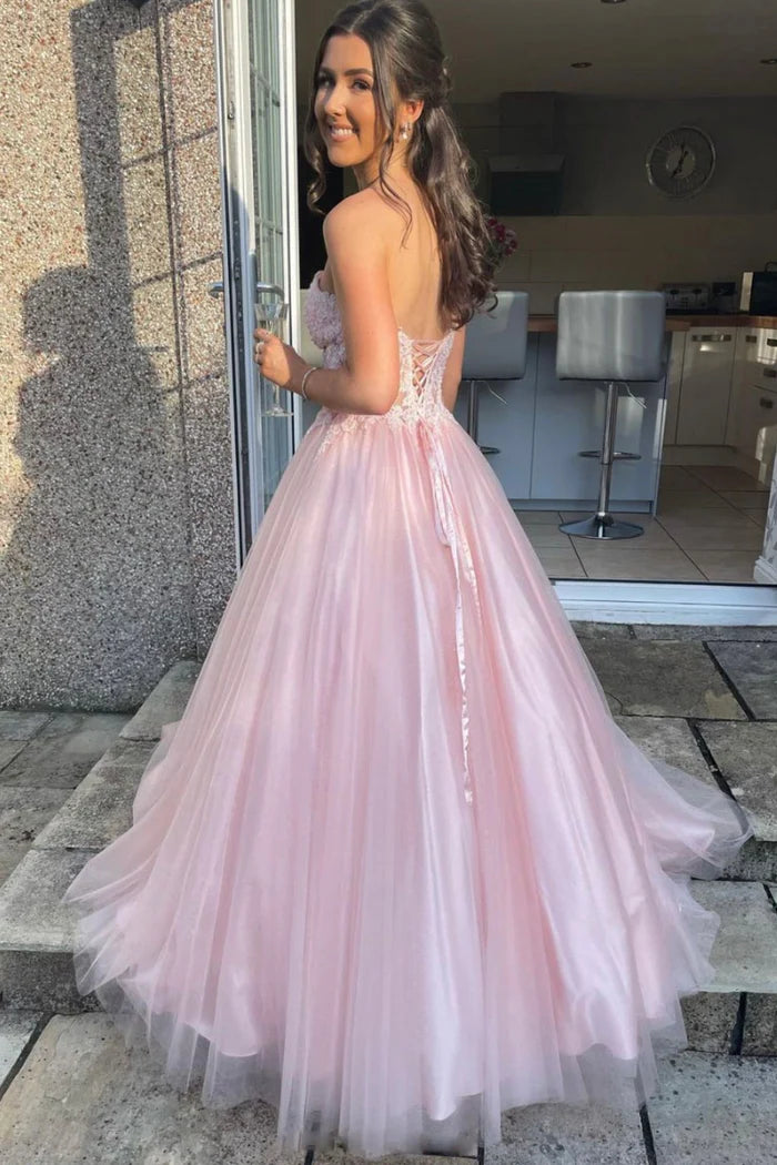 Pink Tulle A-Line Strapless Appliques Princess Prom Dress