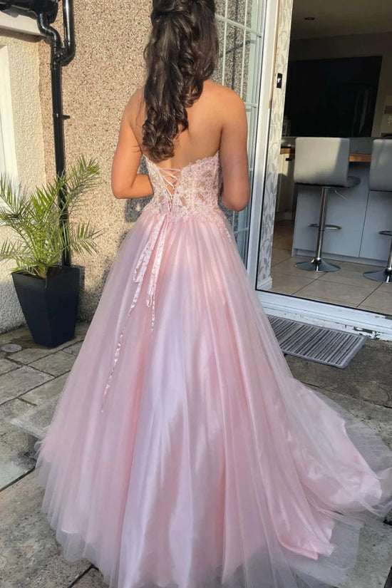 Pink Tulle A-Line Strapless Appliques Princess Prom Dress Movousdress Pink Tulle A-Line Strapless Appliques Princess Prom Dress Movousdress