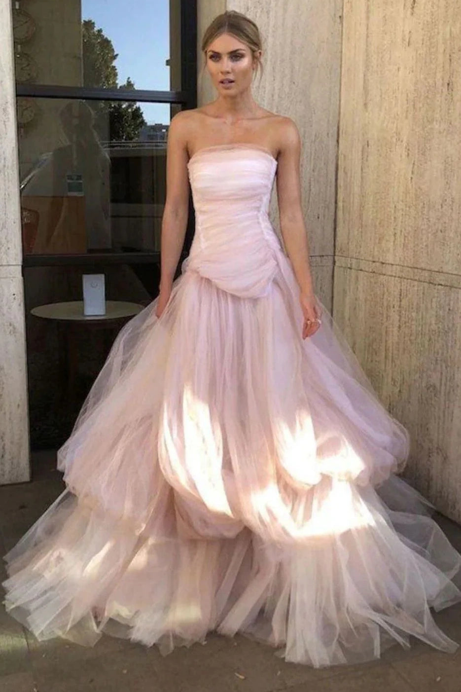 Pink Tulle A-Line Strapless Empire Party Prom Dress