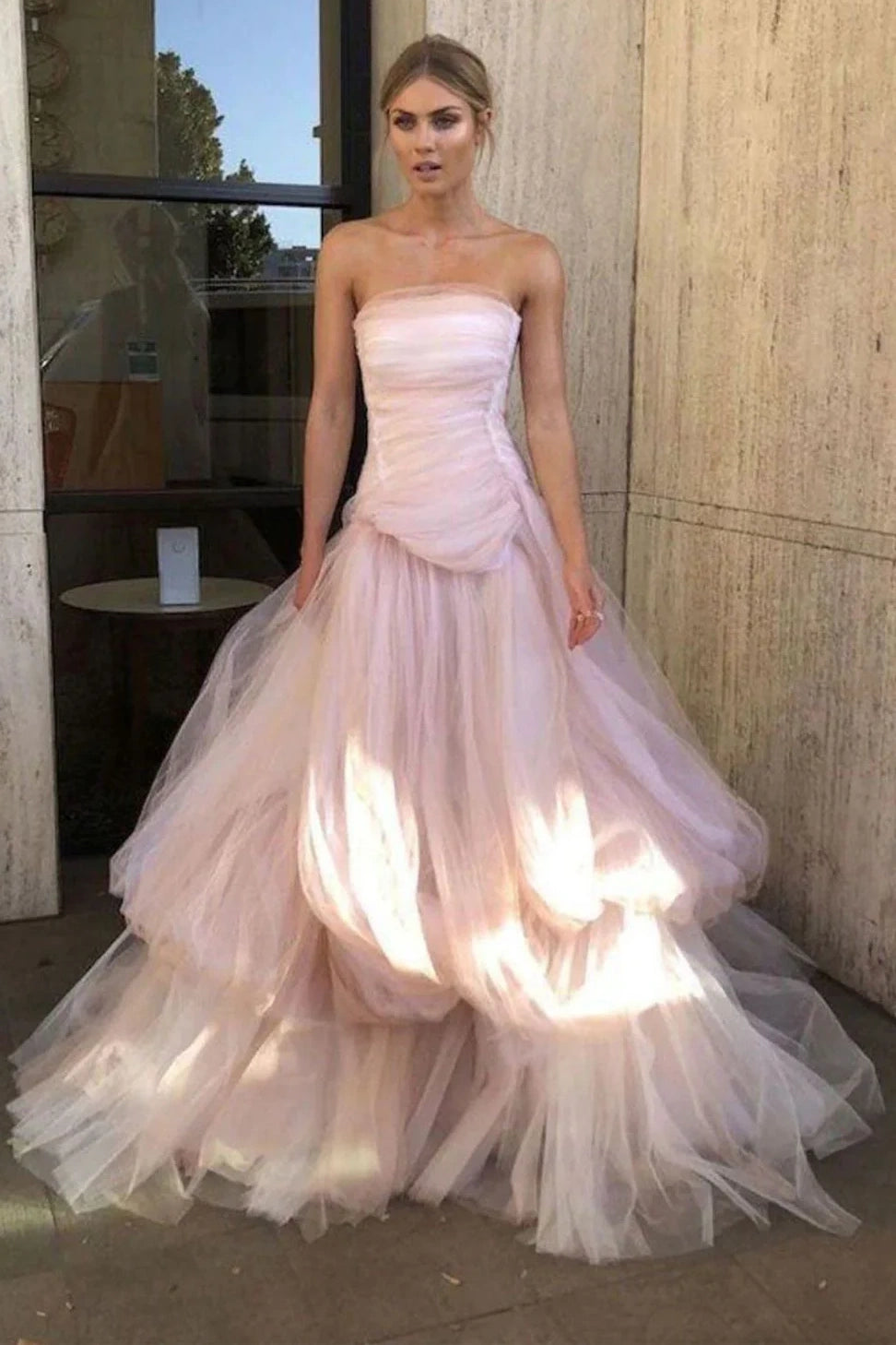 Pink Tulle A-Line Strapless Empire Party Prom Dress