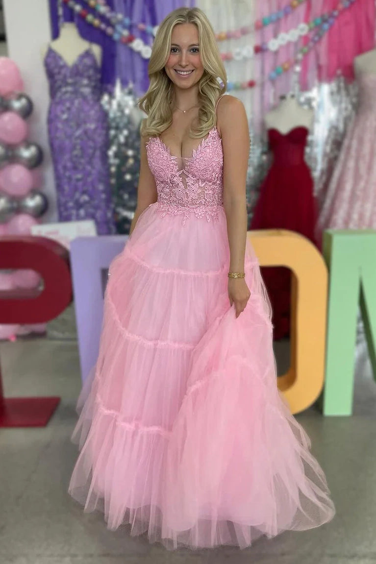 Pink Tulle A-Line Sweetheart Sleeveless Appliques Party Dress