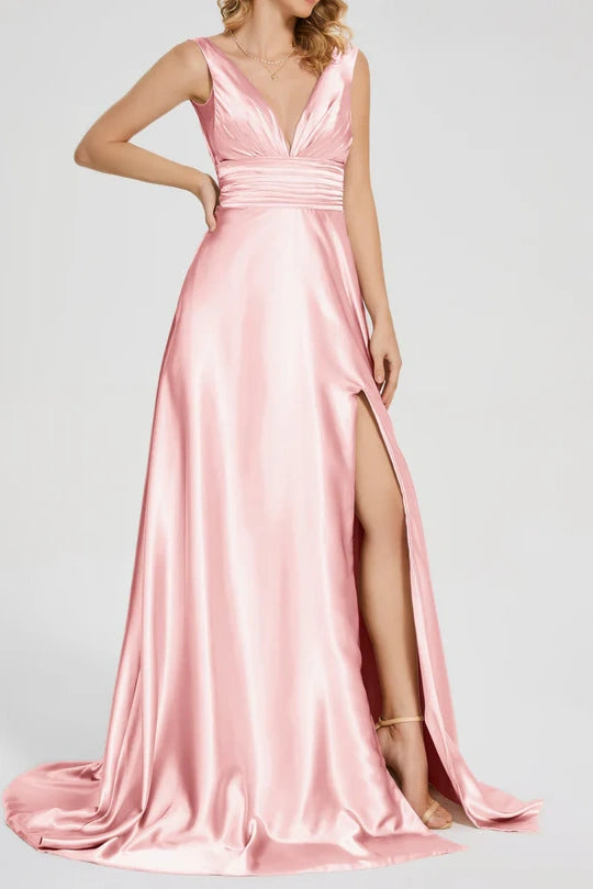 Pink V-Neck Sleeveless A-Line Bridesmaid Dress