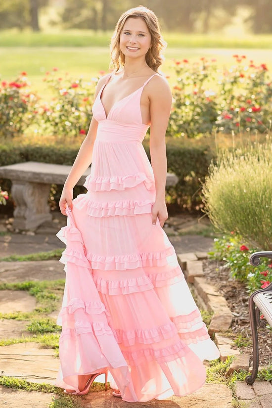 Pink V-Neck Sleeveless Ruffled Long Party Dress