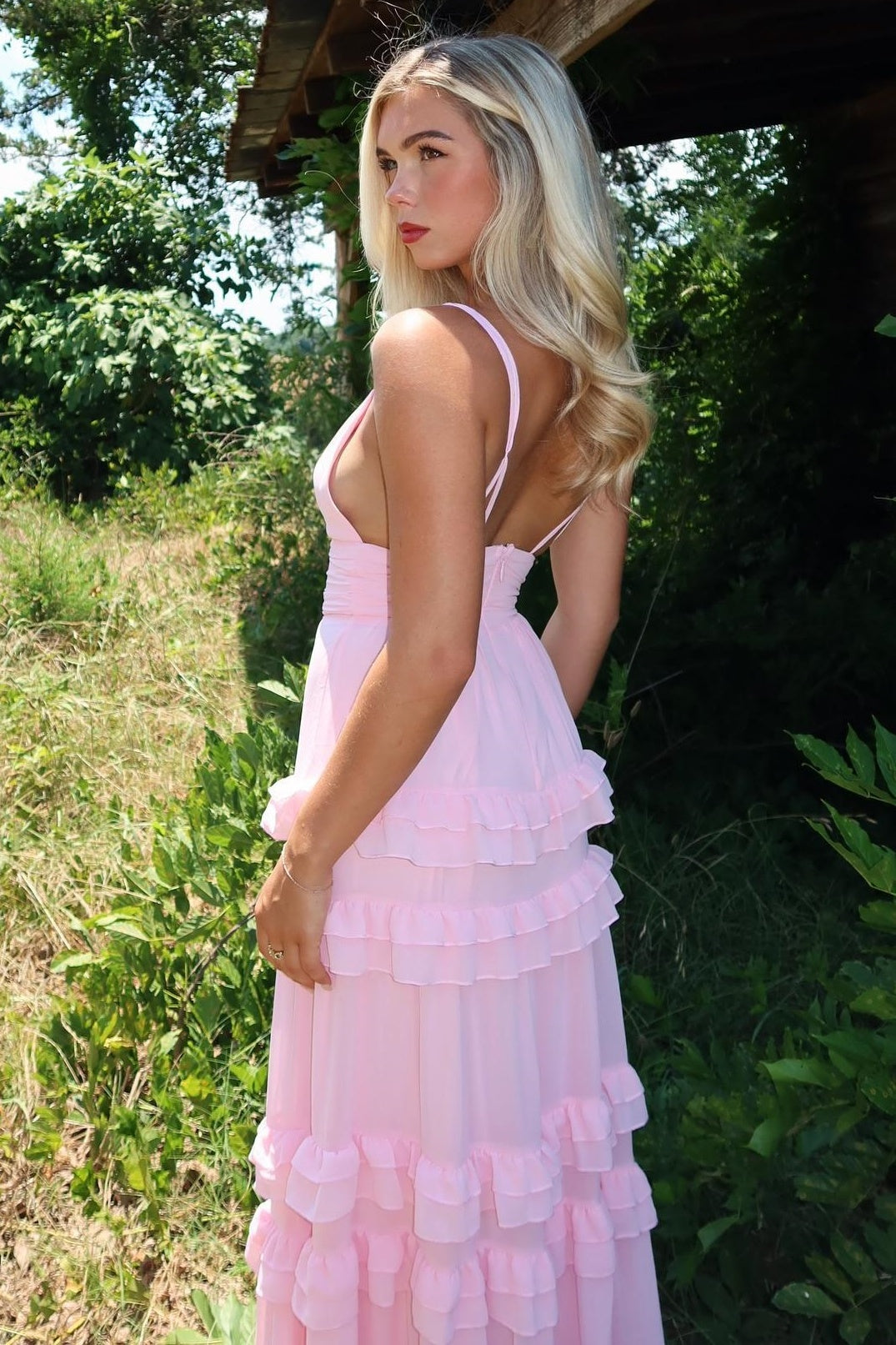 Pink V-Neck Sleeveless Ruffled Long Party Dress